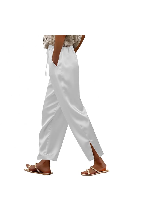 Womens Satin Straight Trousers Drawstring Elastic Waist Ankle Length Pants Solid Color Loose Fit Pants with Pockets Trendy Going Out Pants White XXL