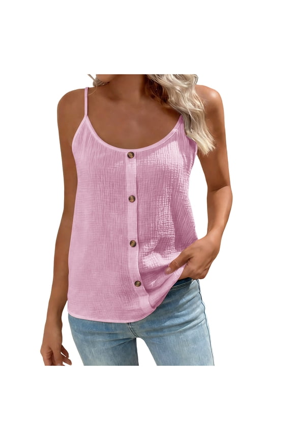 Womens Scoop Neck Button Tank Tops Solid Color Spaghetti Strap Cami Tops Lightweight Loose Fit Tunic Tops Summer Casual Comfy Tops Pink L