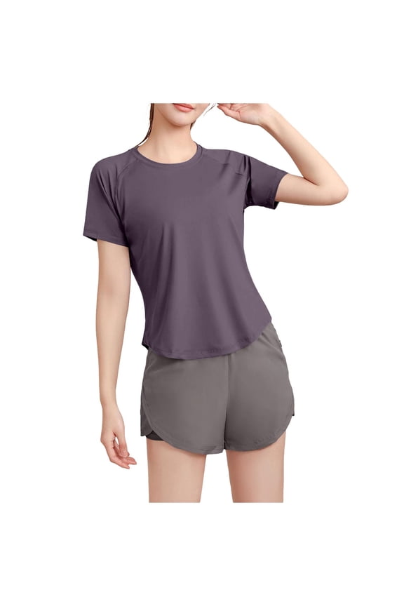 Womens Seamless Athletic Shirts Crew Neck Short Sleeve Tees Soft Breathable Tunic Tops Yoga Gym Running T Shirt Purple M