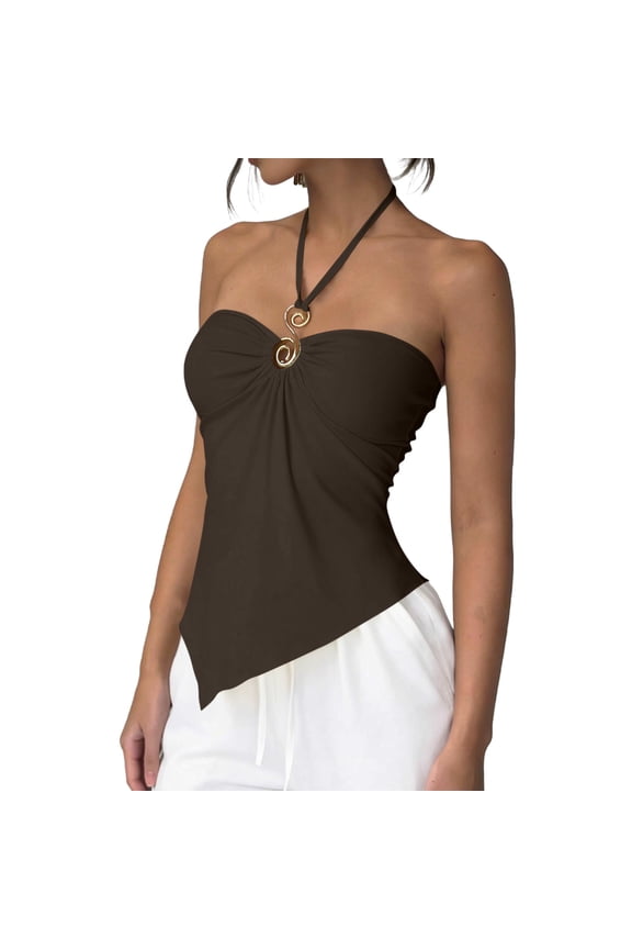Womens Sleeveless Halter Top Backless Slim Fit Tank Top Solid Color Asymmetrical Hem Tanks Summer Vacation Beach Tops Brown S