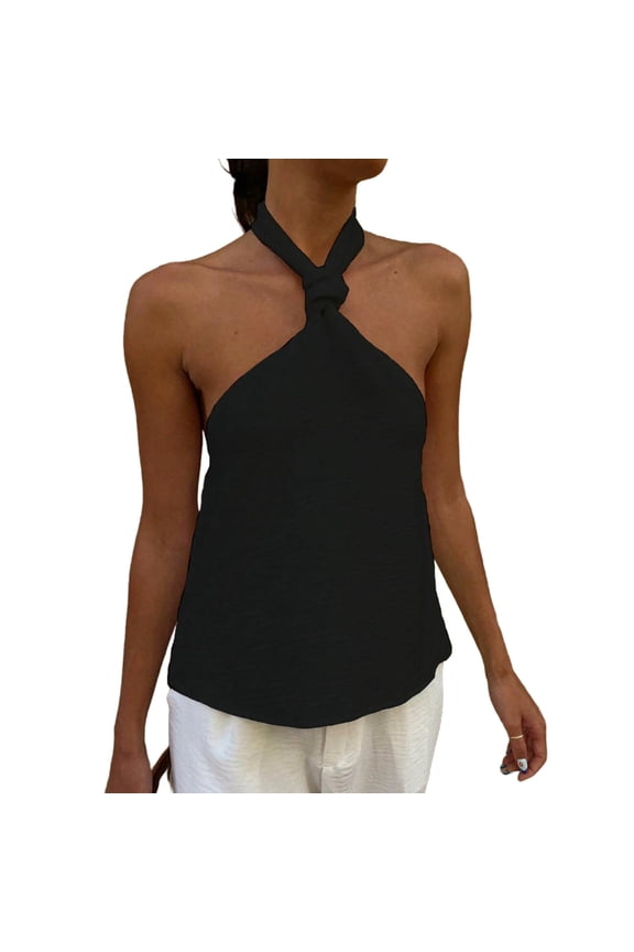 Womens Sleeveless Halter Tops Solid Color Backless Tank Tops Lightweight Loose Fit Tanks Summer Fashion Going Out Blouse Black S