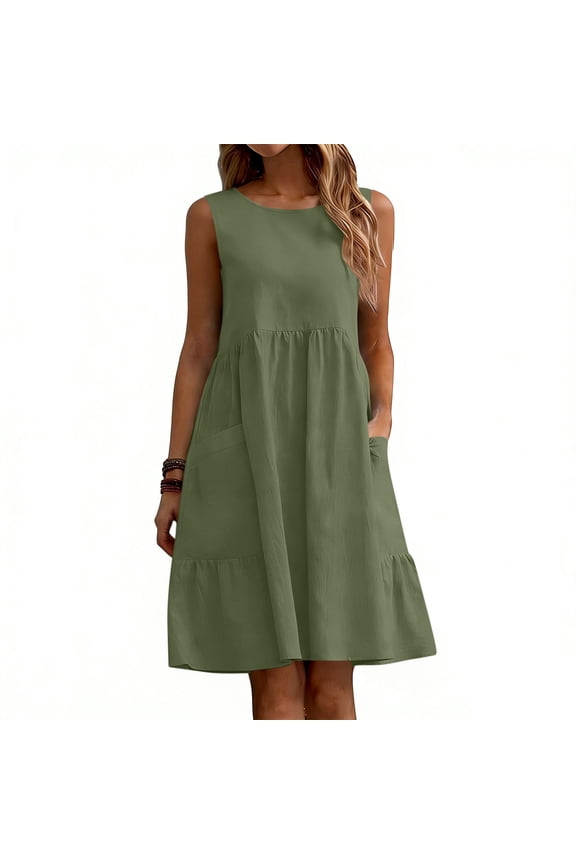 Womens Sleeveless Tank Dress Solid Color Midi A-Line Dress Crew Neck Dress with Pockets Summer Casual Dress Green M