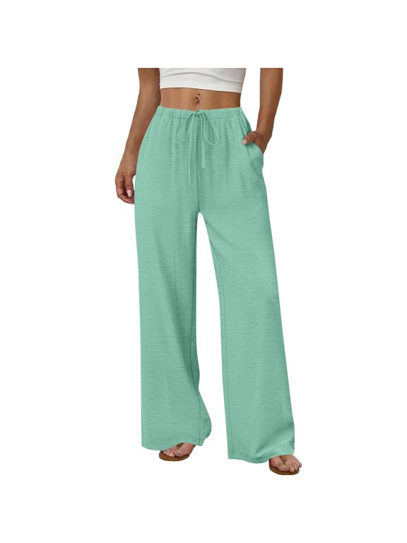 Womens Solid Color Palazzo Pants Drawstring Elastic Waist Wide Leg Pants Pull On Straight Trousers with Pockets Summer Casual Comfy Slacks Mint Green XL