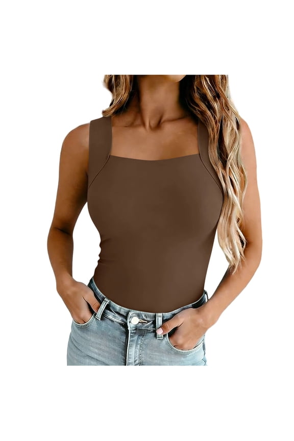 Womens Solid Color Plus Size Tank Tops Built in Bra Slim Fit Tanks Square Neck Sleeveless Tee Summer Comfy Soft Tops Coffee XL