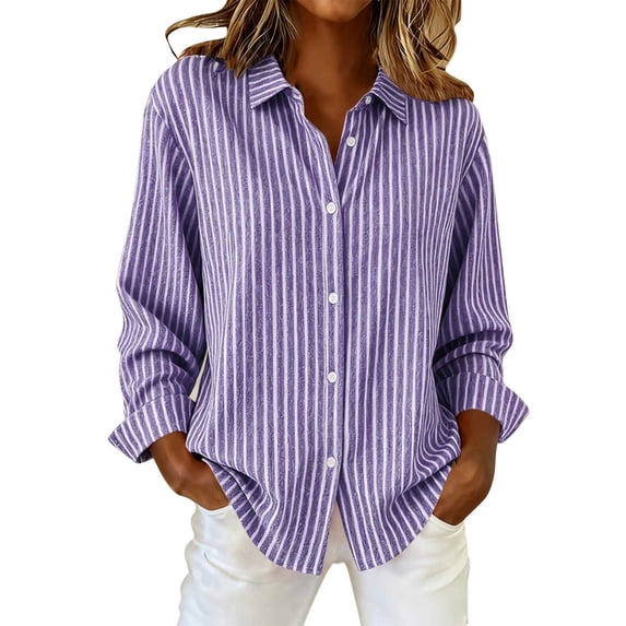ctdiral Womens Stripe Color Block Shirts Long Sleeve Loose Fit Blouses Collared Button Down Tops Fall Casual Comfy Clothes Light Blue S