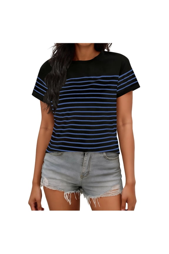 Womens Striped Color Block Tops Round Neck Short Sleeve T Shirt Summer Casual Breathable Tees Outdoor Vacation Shirts Blue L