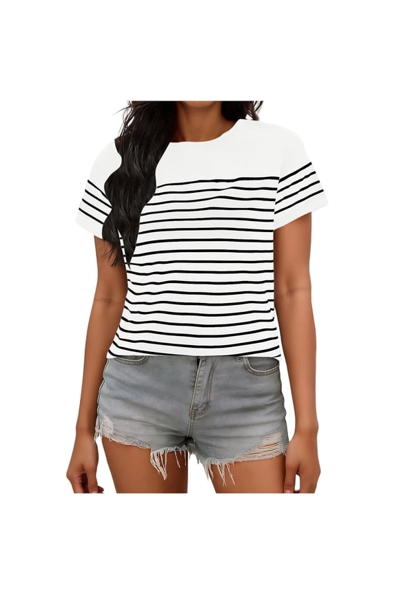 Womens Striped Color Block Tops Round Neck Short Sleeve T Shirt Summer Casual Breathable Tees Outdoor Vacation Shirts White XL