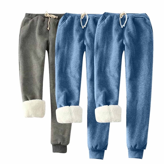 ctdiral Womens Sweatpants 3PC Solid Color Fleece Lined Stretchy Sweatpant Basic Elastic Waisted Drawstring Trousers Winter Warm Sherpa Long Pants Home Wear with Pockets Blue M