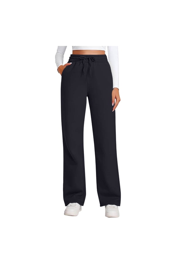 Womens Sweatpants Fall Thin Fleece Baggy Wide Leg Sweatpant Elastic Waisted Drawstring Straight Leg Sweat Pants Solid Cozy Lounge Long Pants with Pockets Dark Gray S