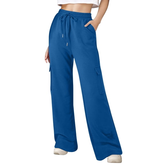 ctdiral Womens Sweatpants High Waisted Baggy Drawstring Workout Pants Casual Thin Fleece Wide Leg Sweat Pants Solid Color Lounge Long Pants with Pockets Blue L