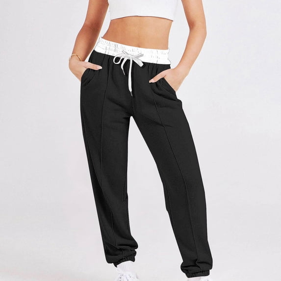 ctdiral Womens Sweatpants High Waisted Drawstring Baggy Joggers Solid Color Y2k Athletic Sweatpants Fall Thin Fleece Lounge Trousers with Pockets Black XXL