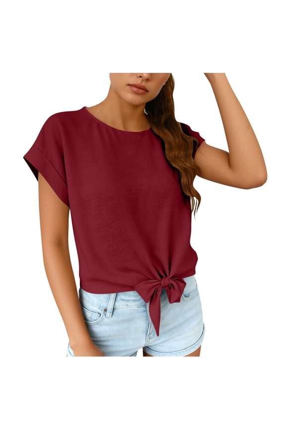 Womens Tie Knot Top Summer Cap Sleeve Crew Neck Crop Top Solid Color Loose Fit Shirt Casual Vacation Clothes Wine L
