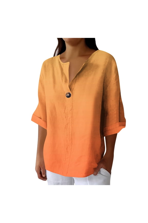 Womens V Neck Button Shirts Gradient 3/4 Sleeve Tunic Tops Comfy Loose Fit Blouses Casual Going Out Clothes Orange L