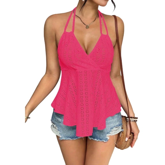 ctdiral Womens V Neck Wrap Halter Tops Solid Color Eyelet Crop Tank Tops Lightweight Backless Blouse Summer Breathable Comfy Tops Hot Pink L