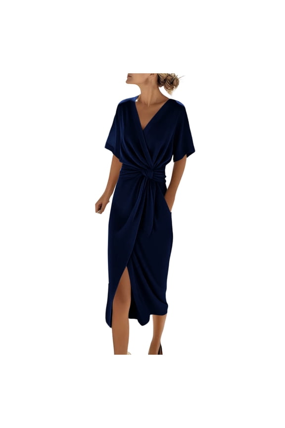 Womens V Neck Wrap Maxi Dress Solid Color Short Sleeve Dress with Front Knot Loose Fit Side Slit Dress Summer Vacation Beach Dress Navy L