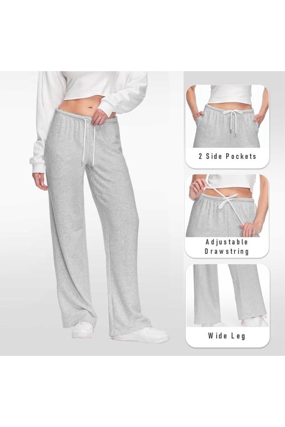 Womens Wide Leg Sweatpants Elastic Waisted Drawstring Long Pants Solid Color Baggy Sweat Pants with Pockets Fall Thin Fleece Lounge Trousers Gray M