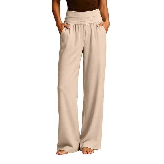 ctdiral Womens Wide Leg Yoga Pants Fold Over Elastic Waist Sweatpants Comfy Loose Fit Trousers Gym Running Pant Khaki XL