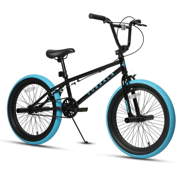 cubsala 20 in Kids BMX Bike Freestylefor Age 6-14 Years Old Boys Girls with 4 Pegs,Black with Blue Tires