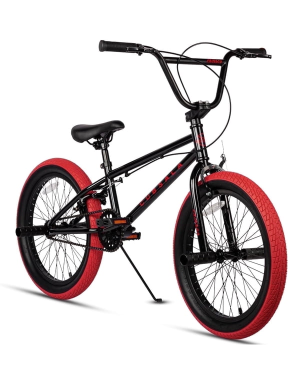 Crossea 20 in Kids Freestyle BMX Bike for Age 7-13 Years Old Boys Girls with 4 Pegs,Black with Red Tires