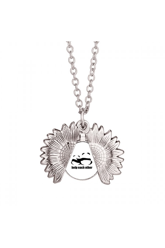 cuddling pandas helping each other sunflower necklace pendant locket jewelry