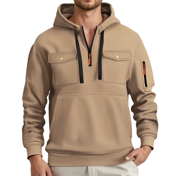 cui Clearance,Men's Drawstring Oversized Quarter Zip Hoodies Loose Fit Hooded Sweatshirts Casual Fashion Sport Lined Pullover with Multiple Pockets Khaki XXL