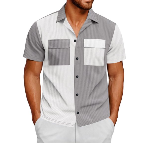 cui Clearance,Men's Short Sleeve Shirt Button Down Casual Tops Oversized V-Neck Colorblocked Shirts with Pockets Light Gray M