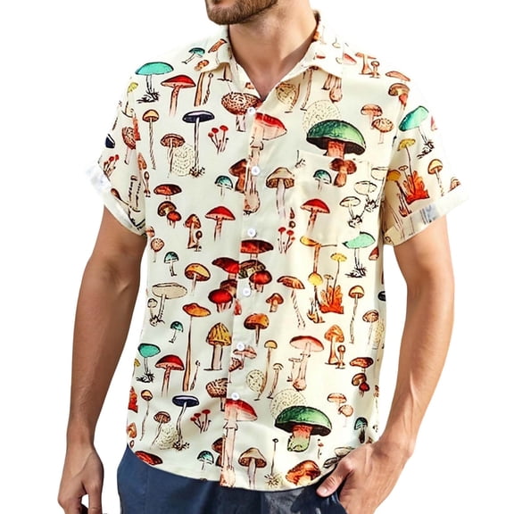 cui Clearance,Men's Short Sleeve Shirts Button Down Oversized Casual Tops Mushroom Printed V-Neck Beach Tops Beige XXXL