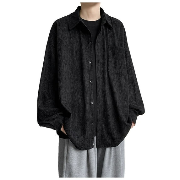 cui Clearance,Men's Textured Design Long Sleeve Button down Shirts Oversized Loose Fit Solid Tops Casual Fashion V-Neck T-Shirts with Pocket Black XXXXXL