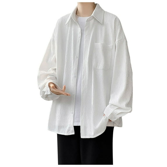 cui Clearance,Men's Textured Design Long Sleeve Button down Shirts Oversized Loose Fit Solid Tops Casual Fashion V-Neck T-Shirts with Pocket White XXL