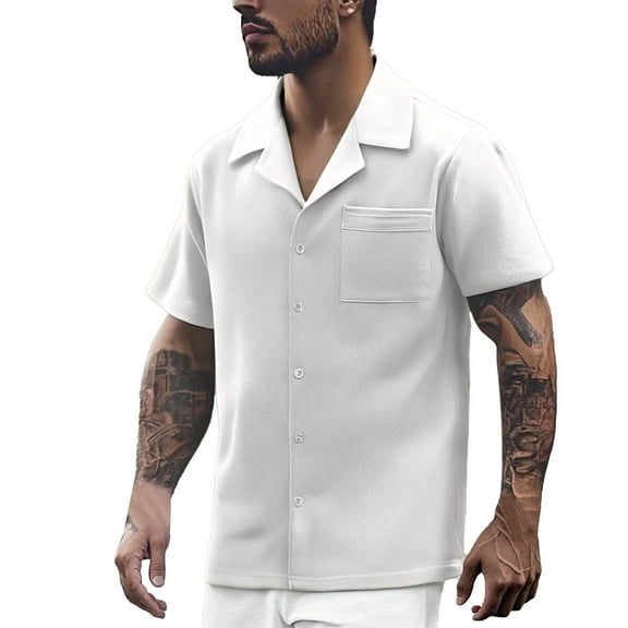 cui,Men's Cuban Guayabera Shirts Oversized Short Sleeve Button down Tops V-Neck Stylish Casual T Shirts with Pocket White XXL