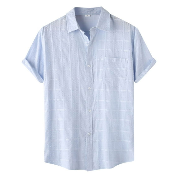cui,Men's Plaid Design Button down Shirts Shorts Sleeve Plus Size Loose Fit Tops Summer Solid Color Stylish V-Neck T Shirts Light Blue XL
