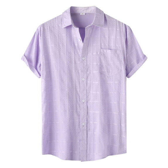 cui,Men's Plaid Design Button down Shirts Shorts Sleeve Plus Size Loose Fit Tops Summer Solid Color Stylish V-Neck T Shirts Purple L