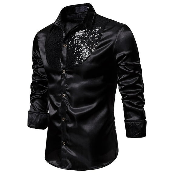 cui,Men's Satin Splicing Sequin Oversized Shirts Button down Long Sleeve Tops Stylish Loose Fit V-Neck T Shirts Black L