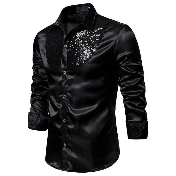 cui,Men's Satin Splicing Sequin Oversized Shirts Button down Long Sleeve Tops Stylish Loose Fit V-Neck T Shirts Black M