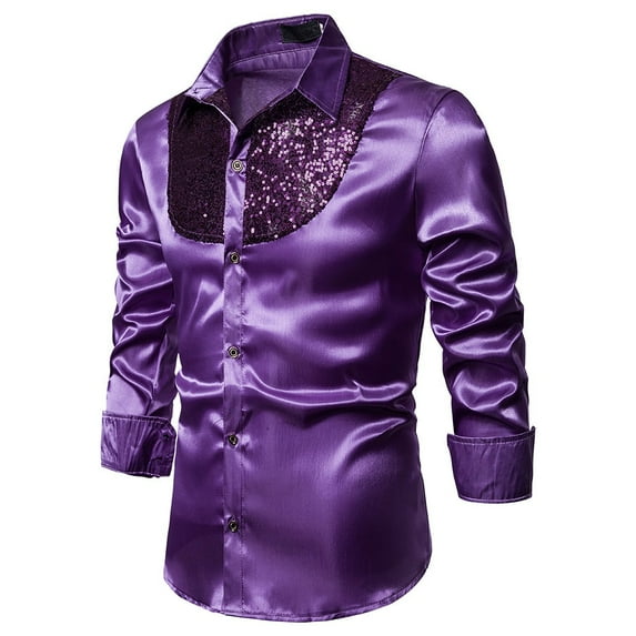 cui,Men's Satin Splicing Sequin Oversized Shirts Button down Long Sleeve Tops Stylish Loose Fit V-Neck T Shirts Purple XL