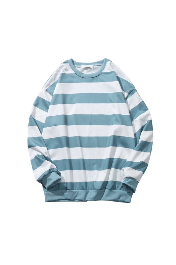 ,Men's Stripped Printed Long Sleeve T Shirts Loose Fit Long Sleeve Plus Size Tee Shirts Crew Neck Fashion Casual Tops Blue L