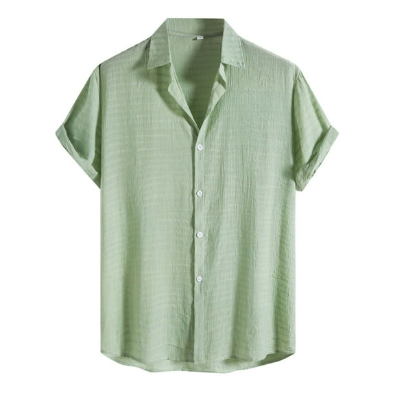 cui,Men's Textured Design Button down Shirts Plus Size Shorts Sleeve Loose Fit Tops Summer Solid Color Casual V-Neck T Shirts Green L