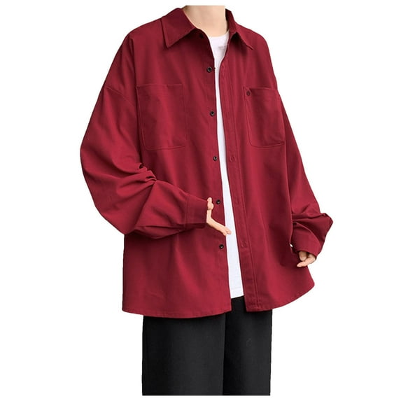 cui,Men's White Graphic Printed Oversized Shirts Button down Long Sleeve Tops V-Neck Stylish Casual T Shirts with 2 Pockets Red L