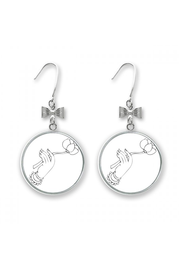 culture lotus hand line drawing pattern bow earrings drop stud pierced hook