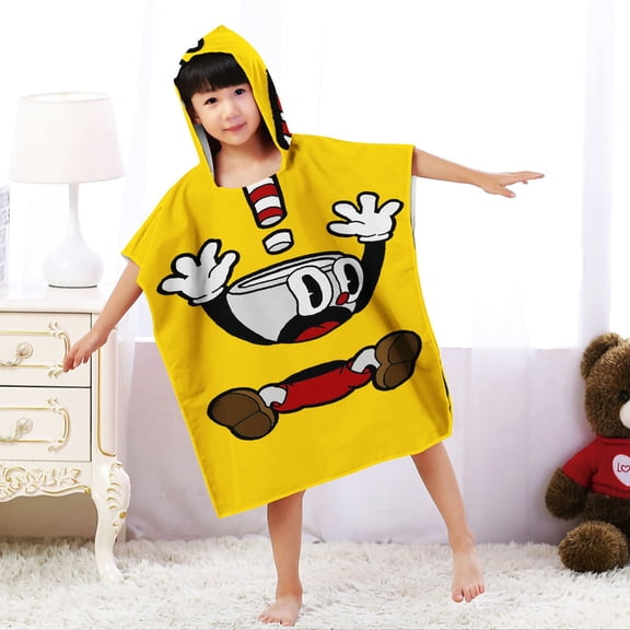 cuphead Boys and Girls Hooded Poncho Towels, Soft & Absorbent Microfiber Beach Towel, Swimming Pool Changing Robe Bathrobe Bath Towel