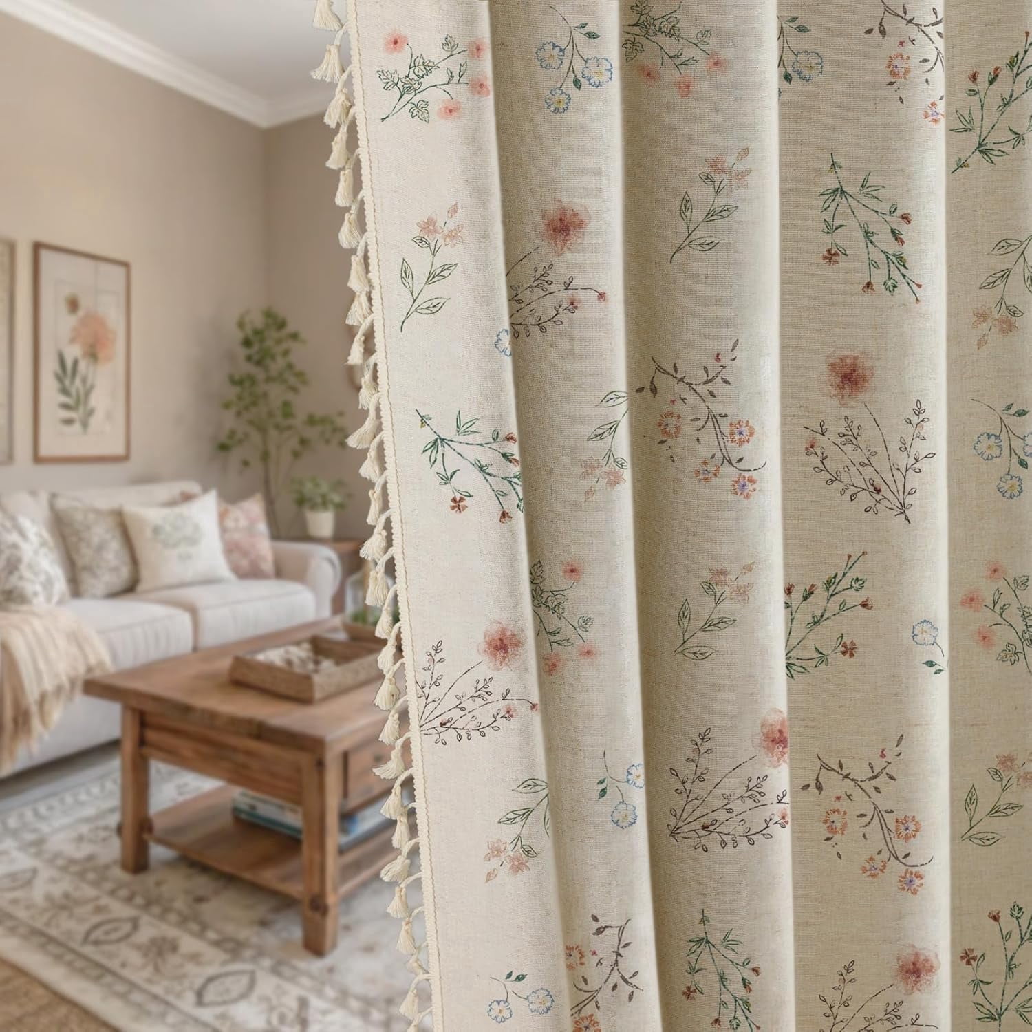 Boho Floral 100% Blackout Curtains 84 Inch Length 1 Panel, Linen Texture Farmhouse Curtains Beige Tassel for Living Room Bedroom Vintage Rustic Patterned Printed Western Rod Pocket