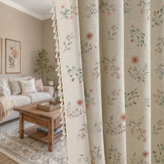 Boho Floral 100% Blackout Curtains 84 Inch Length 1 Panel, Linen Texture Farmhouse Curtains Beige Tassel for Living Room Bedroom Vintage Rustic Patterned Printed Western Rod Pocket