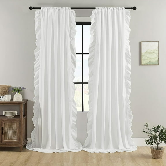 White Ruffle Curtains 84 Inches Long for Bedroom Living Room Fabric Rod Pocket Light Filtering Romantic Farmhouse Boho Curtains for Girls Room Opaque Window Privacy Decor,1 Panels, 52"x84"