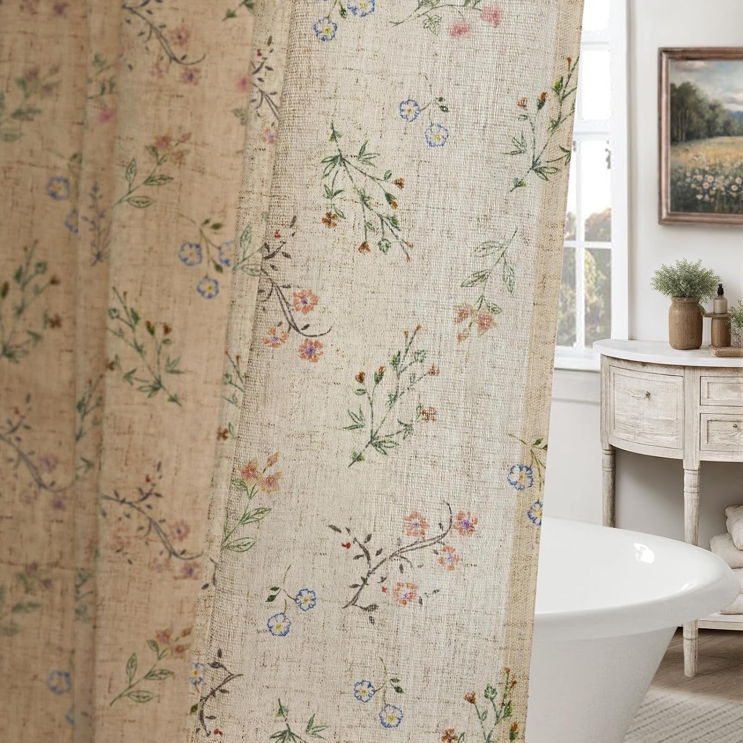 Psoiuetr Beige Linen Shower Curtain Floral Vintage French Country Shower Curtain for Bathroom 72" W x 72" L