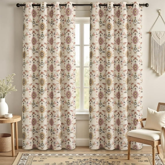 Boho Blackout Curtains Beige Window Treatment Drape 63 Inch Floral Printed Vintage Curtains for Living Room Bedroom with Grommet 1 Panel 52" W x 63" L