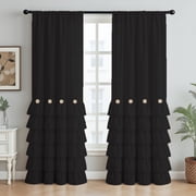Black Ruffle Blackout Thermal Insulated Window Curtain Vintage Chic Farmhouse Button Treatments for Living, Dining Room, Bedroom, 52”W x 84"L,Rod Pocket 1 Panel