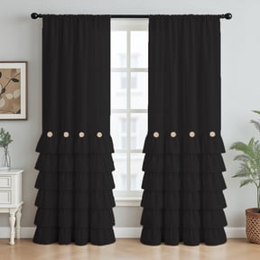 Black Ruffle Blackout Thermal Insulated Window Curtain Vintage Chic Farmhouse Button Treatments for Living, Dining Room, Bedroom, 52”W x 84"L,Rod Pocket 1 Panel
