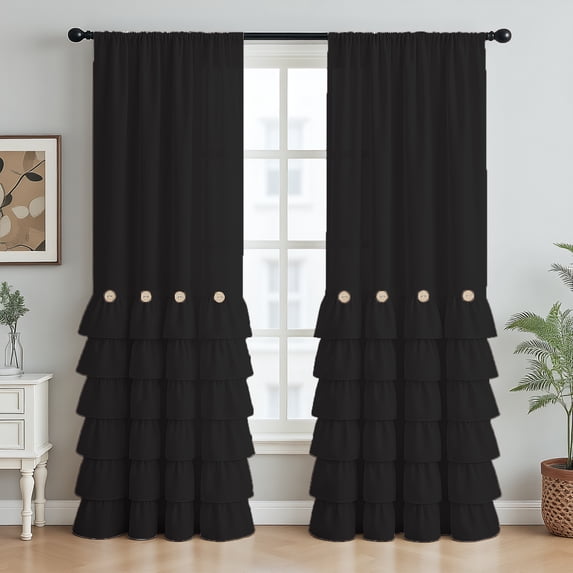 Black Ruffle Blackout Thermal Insulated Window Curtain Vintage Chic Farmhouse Button Treatments for Living, Dining Room, Bedroom, 52”W x 84"L,Rod Pocket 1 Panel
