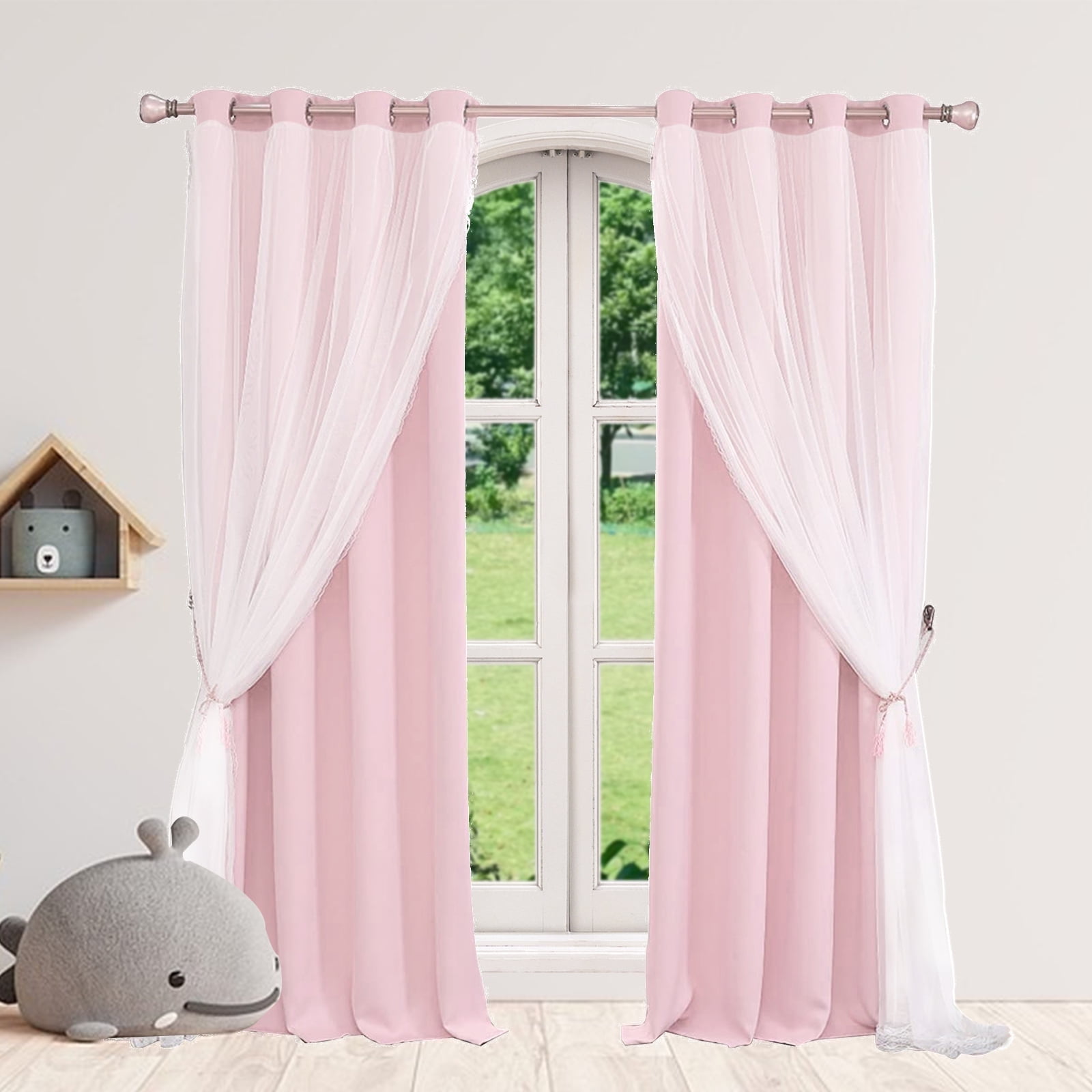 Pink Curtains 63 Inch Long- Blackout Curtains with Voile Sheer Drapes Thermal Pink Window Treatments with Tie-Backs for Kids/Girls Bedroom Nursery Living Room, Elegant, 1 Panel