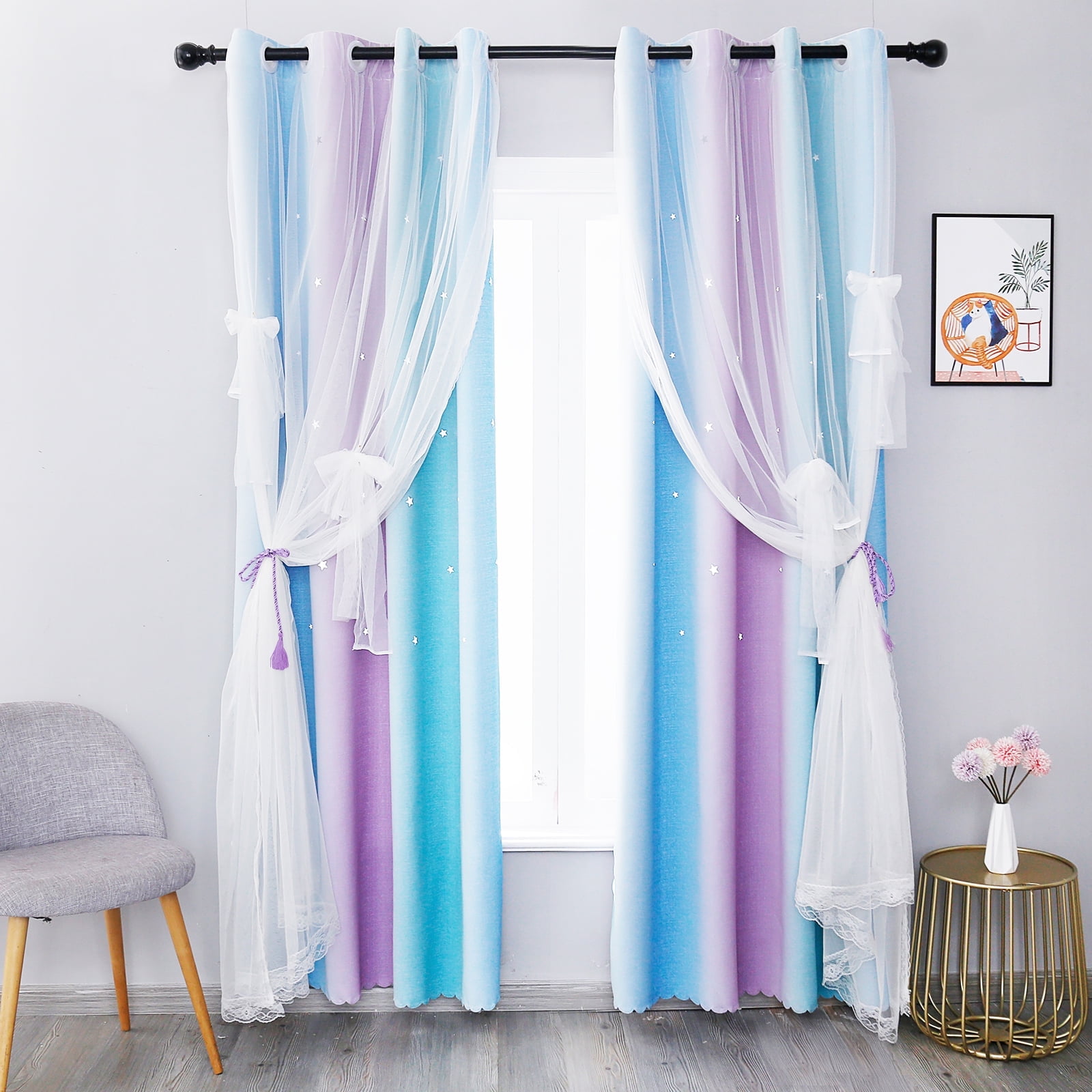 Blackout Gradient Ombre Curtains for Kids Girls Bedroom Living Room Decor Rainbow Double Layers Star Cut Out Stripe Blue Purple Grommet Window Curtains,52"x63",1 Panel